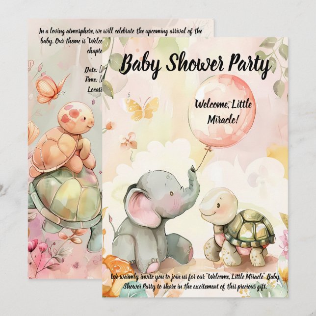 Baby Elephant & Turtle Baby Shower Invitation (Front/Back)