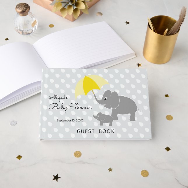 Baby Elephant Umbrella Gender Neutral Baby Shower Guest Book (Front Open)