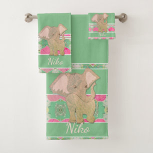 Baby Elephant w/Hearts Pink and Green  Bath Towel Set