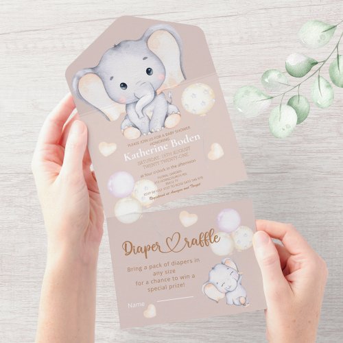 Baby elephant watercolor baby shower all in one invitation