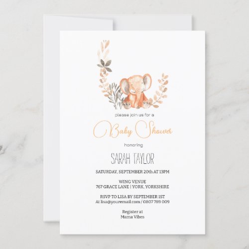 Baby Elephant Watercolor Floral Leaf Baby Shower  Invitation