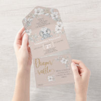 Baby elephant watercolor flower baby shower all in one invitation