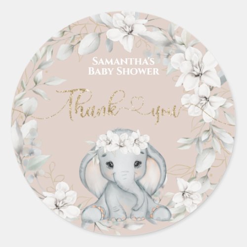 Baby elephant watercolor flower baby shower classic round sticker