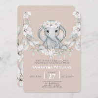 Baby elephant watercolor flower baby shower invitation