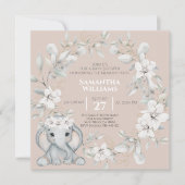 Baby elephant watercolor flower baby shower invitation (Front)