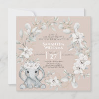 Baby elephant watercolor flower baby shower invitation