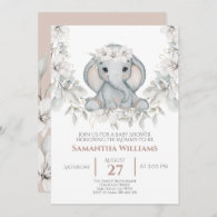 Baby elephant watercolor flower baby shower invitation