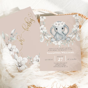 Baby elephant watercolor flower baby shower invitation
