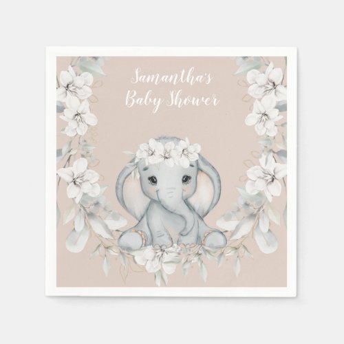 Baby elephant watercolor flower baby shower napkins