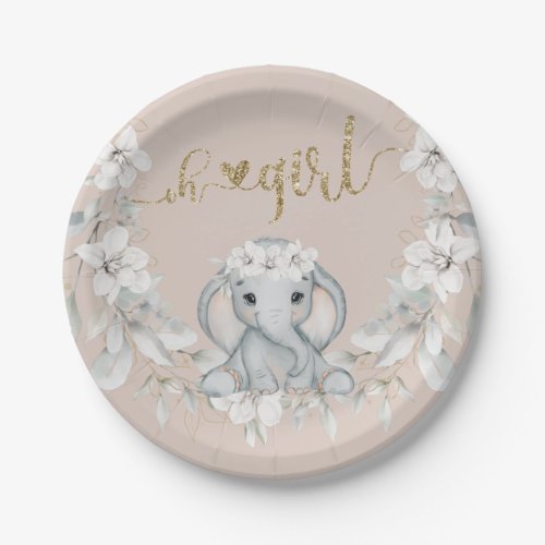 Baby elephant watercolor flower baby shower paper plates