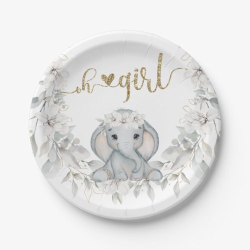 Baby elephant watercolor flower baby shower paper plates