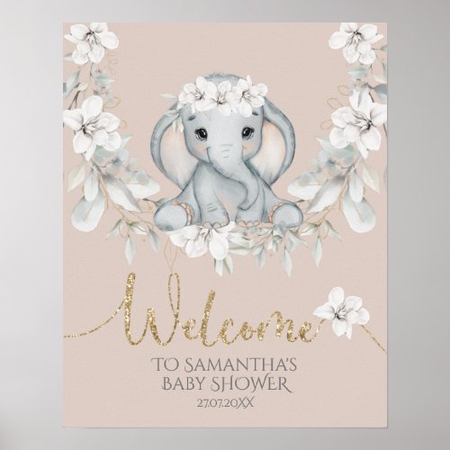 Baby elephant watercolor flower shower welcome poster