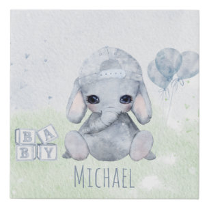 Baby Elephant Watercolor with Name Nursery Faux Canvas Print