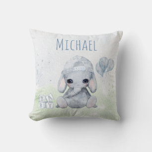 Baby Elephant Watercolor with Name Nursery Throw Pillow