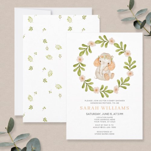 Baby Elephant Watercolor Wreath Pastel Baby Shower Invitation