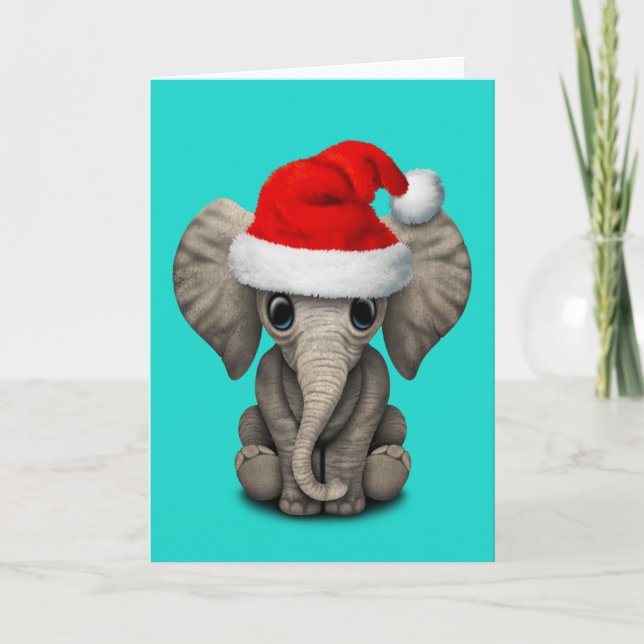 Baby Elephant Wearing a Santa Hat Holiday Card (Front)