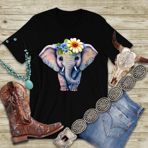 Baby Elephant Wearing Flowers Graphic T_Shirt