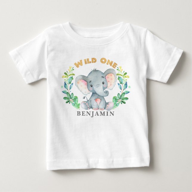 Baby Elephant Wild One 1st Birthday Jungle Baby T-Shirt (Front)