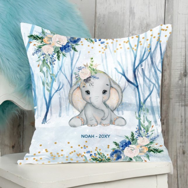 Baby Elephant Winter Scene - Baby  Throw Pillow (Creator Uploaded)