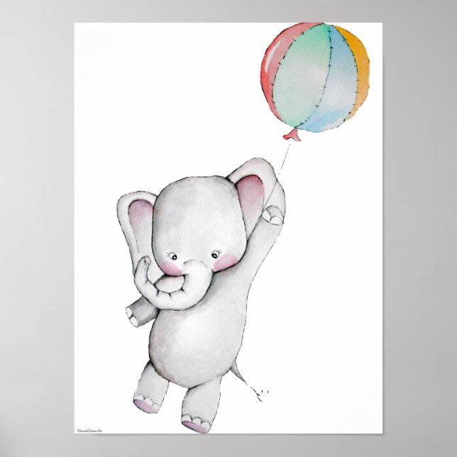 Baby Elephant with Balloon Customizable Poster (Front)