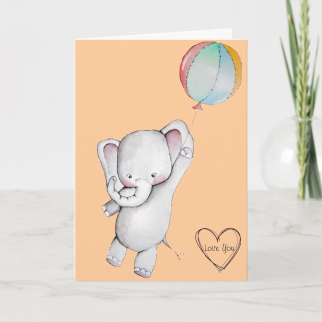 Baby Elephant with Balloon Yellow Greeting Card (Front)
