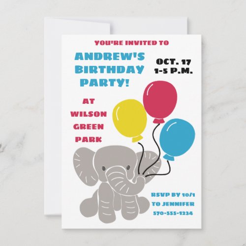 Baby Elephant with Balloons Birthday Party Invitation