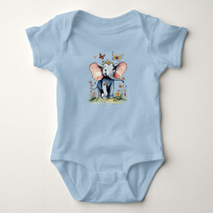 Baby Elephant With Butterflies And Wildflowers Baby Bodysuit