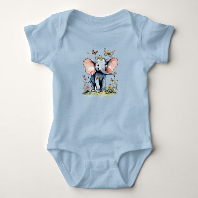 Baby Elephant With Butterflies And Wildflowers Baby Bodysuit (Front)