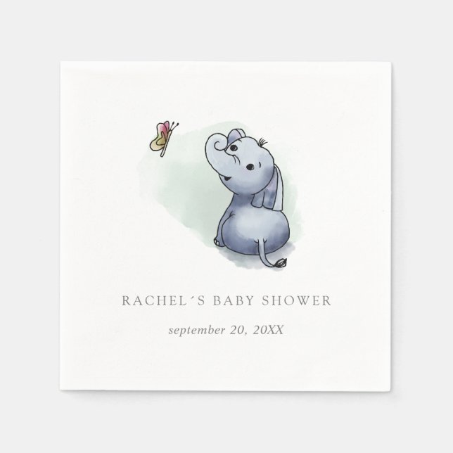 Baby elephant with butterfly baby shower napkins (Front)