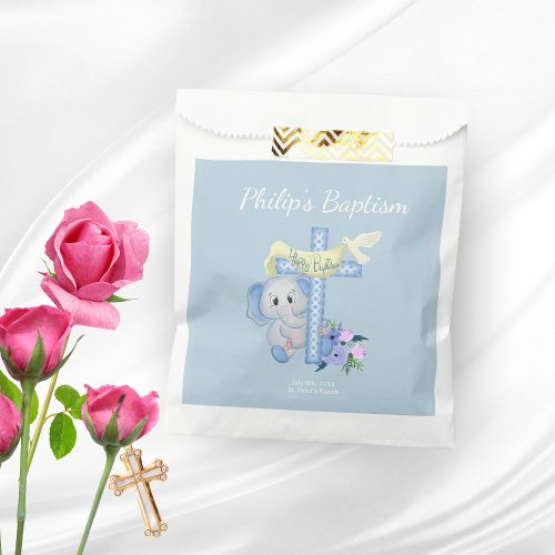 Baby Elephant With Cross and Dove Baptism  Favor Bag