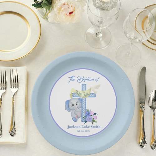 Baby Elephant With Cross and Dove Baptism Paper Plates