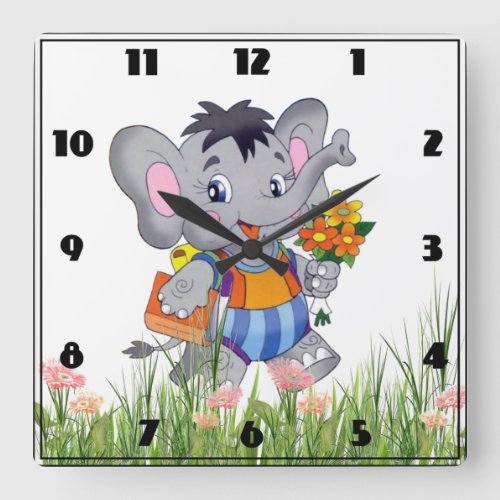 Baby Elephant with Flowers  Book Baby Room Square Wall Clock