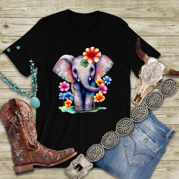 Baby Elephant With Flowers Graphic T-shirt by PaintedDreamsDesigns at Zazzle