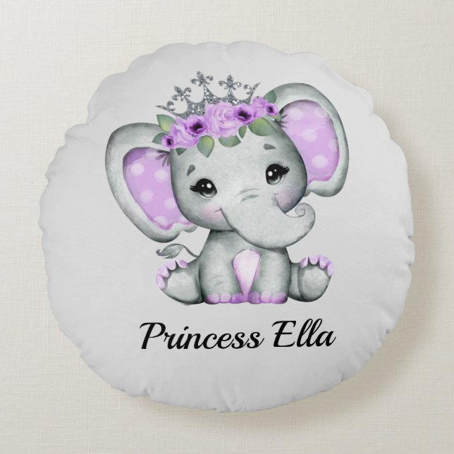 Baby Elephant with Flowers    Round Pillow (Front)