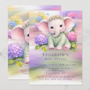 Baby Elephant with Hydrangeas Baby Shower  Invitation