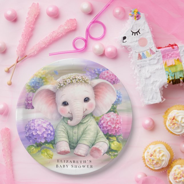 Baby Elephant with Hydrangeas Baby Shower  Paper Plates (Party)