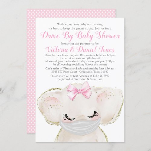 Baby Elephant with Mask Drive By Baby Shower Invitation