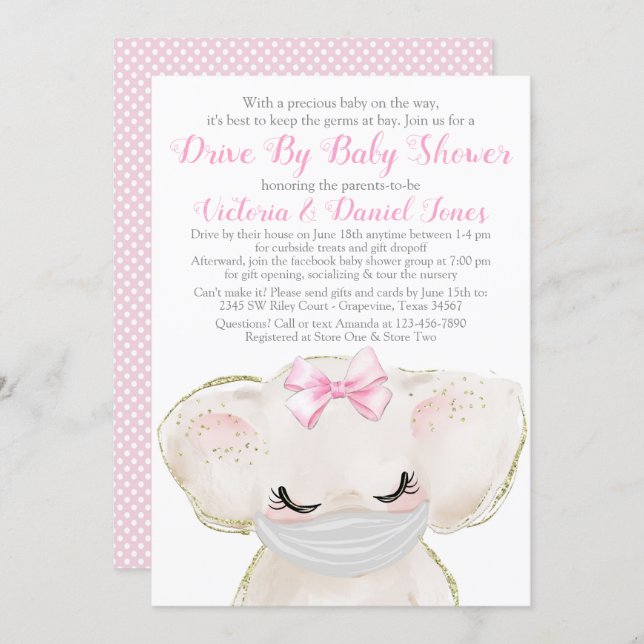 Baby Elephant with Mask Drive By Baby Shower Invitation (Front/Back)