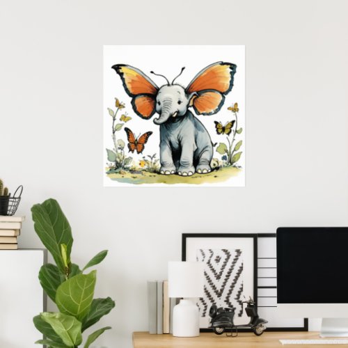 Baby Elephant with Monarch Butterfly Wing Ears Poster