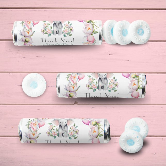 Baby Elephant With Peonies & Balloon Baby Shower Breath Savers® Mints (Great party favor gift!!)