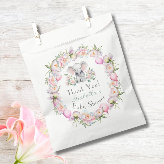 Baby Elephant With Peonies & Balloon Baby Shower Favor Bag (Creator Uploaded)