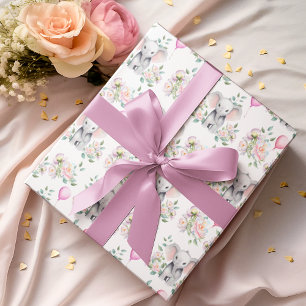 Baby Elephant With Peonies & Balloon Baby Shower Wrapping Paper