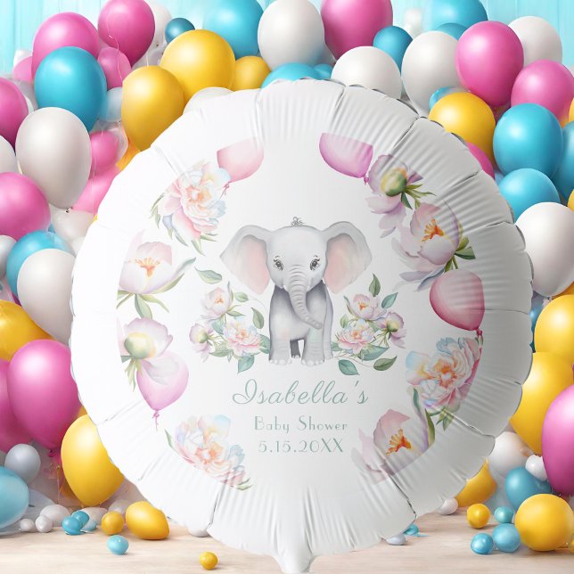 Baby Elephant With Peonies & Balloons Baby Shower (Enhance your baby shower with charming plates for cake, snacks, and treats!)