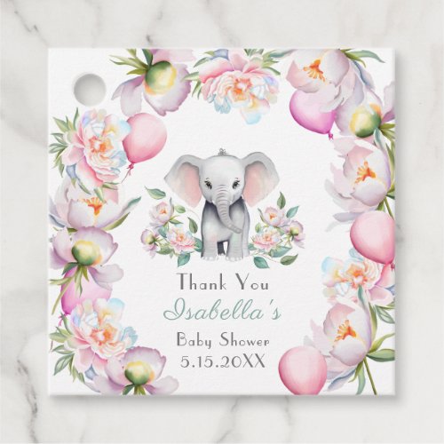 Baby Elephant With Peonies  Balloons Baby Shower Favor Tags