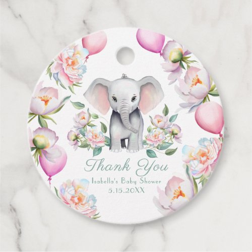 Baby Elephant With Peonies  Balloons Baby Shower Favor Tags