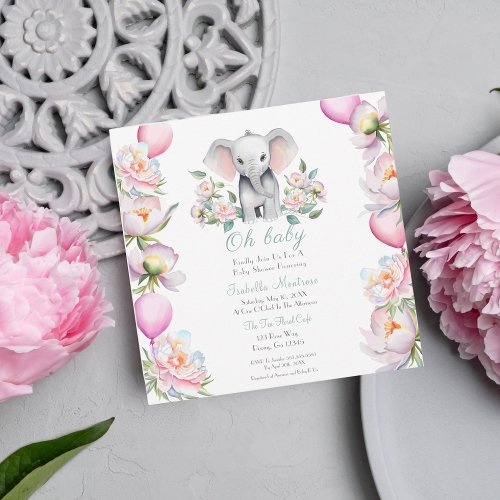 Baby Elephant With Peonies  Balloons Baby Shower Invitation