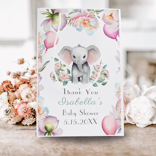 Baby Elephant With Peonies  Balloons Baby Shower Medium Gift Bag