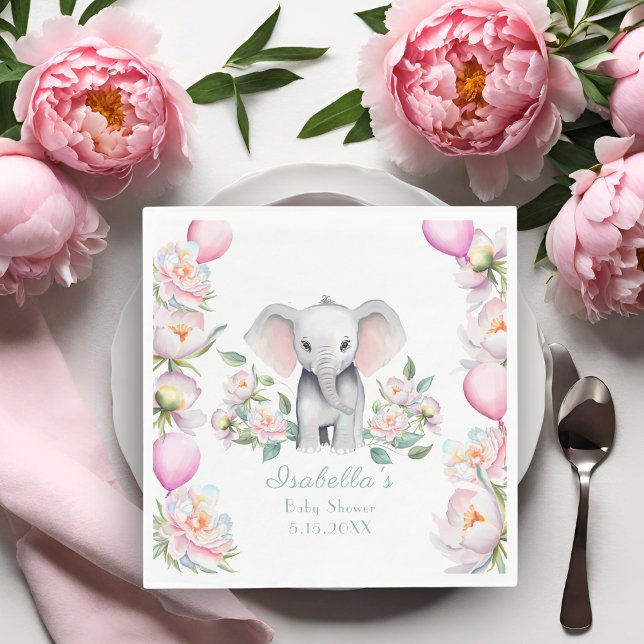 Baby Elephant With Peonies & Balloons Baby Shower Napkins (Add whimsy and charm to your baby shower with these delightful napkins!)