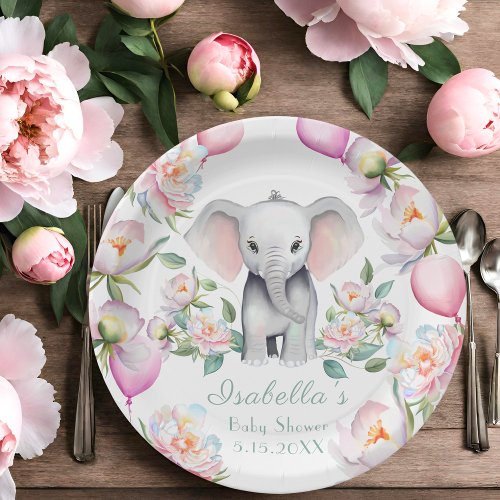 Baby Elephant With Peonies  Balloons Baby Shower Paper Plates