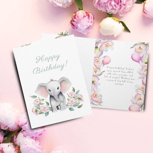 Baby Elephant With Peonies  Balloons Birthday Card